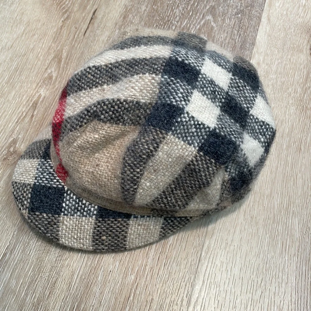 Burberry Beige Black and Red Check Wool Newsboy Cap